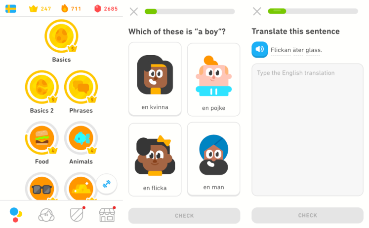 Some screenshots of the Duolingo app