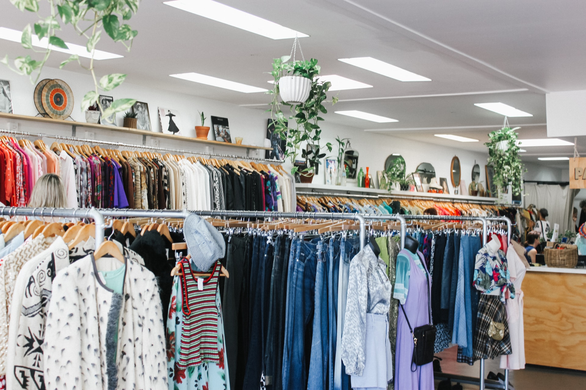 A thrift store with lots of clothing racks and plants hanging throughout the store.