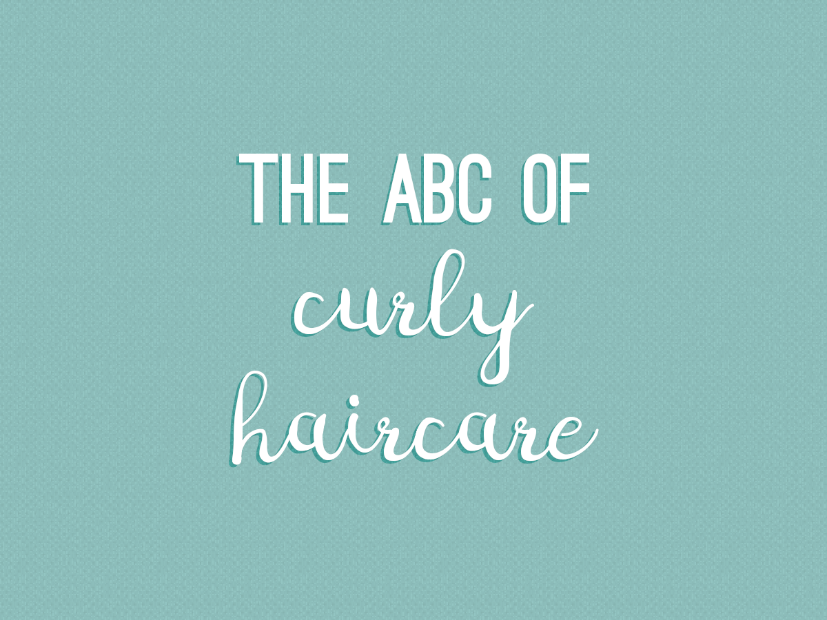 "The ABC of curly haircare" in white text with shadow on a turquoise textured background.